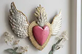 Hand Cut Mexican Tin Heart Wall Decor, Medium, Winged Sacred Heart, Pink