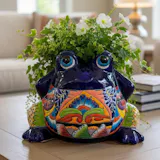Hand Painted Mexican Talavera Big Frog Folkart Planter Pot, Cobalt Blue Multicolor