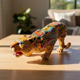 Hand Painted Mexican Talavera Jaguar Animal Sculpture Figure, Multicolor