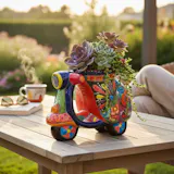Hand Painted Mexican Talavera Vintage Scooter Planter Pot, Dark Blue