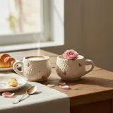 Hand Painted Mexican Talavera Small Mug, Ivory & White (Cielito Lindo Inspired), Hearts – Set of 2