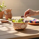 Hand Painted Talavera Molcajete Salsa Bowl, Beige & White Signature Floral