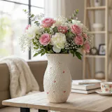 Hand Painted Mexican Talavera Flower Vase, Ivory & White Cielito Lindo, Pink Hearts