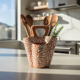 Hand Painted Mexican Talavera Utensil Holder with Handle, Brown & White Cielito Lindo (**Imperfect Piece**)