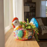 Hand Painted Mexican Talavera Chicken Planter Pot, Cyan & Yellow Tail