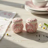 Hand Painted Talavera Salt and Pepper Shaker Set, Ivory & Pink Cielito Lindo