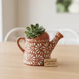 Hand Painted Mexican Talavera Watering Can Planter Pot, Mini, Brown & White Cielito Lindo