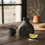 Hand Painted Mexican Engobe Liquor Decanter “Mezcalera”, Charcoal & Black Cielito Lindo
