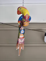 Hand Painted Mexican Talavera Hanging Parrot with Chain Decor, Yellow & Plum Pink Head