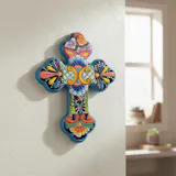 Hand Painted Mexican Talavera Wall Cross, Medium, Cerulean Rim