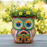 Hand Painted Mexican Talavera Four-Eyed Folkart Owl Planter Pot, Red Multicolor