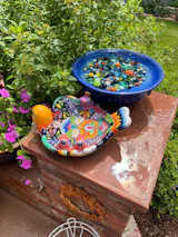 Hand Painted Mexican Talavera Tabletop Birdbath, Golden Yellow Multicolor