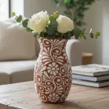 Hand Painted Mexican Talavera Flower Vase, Brown & White Signature Floral