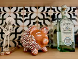 Hand Painted Mexican Talavera Piggy Bank Decor, Brown & White, Cielito Lindo (No Stopper)