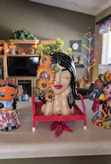 Hand Painted Mexican Talavera Head Bust Planter Pot, Sunflowers