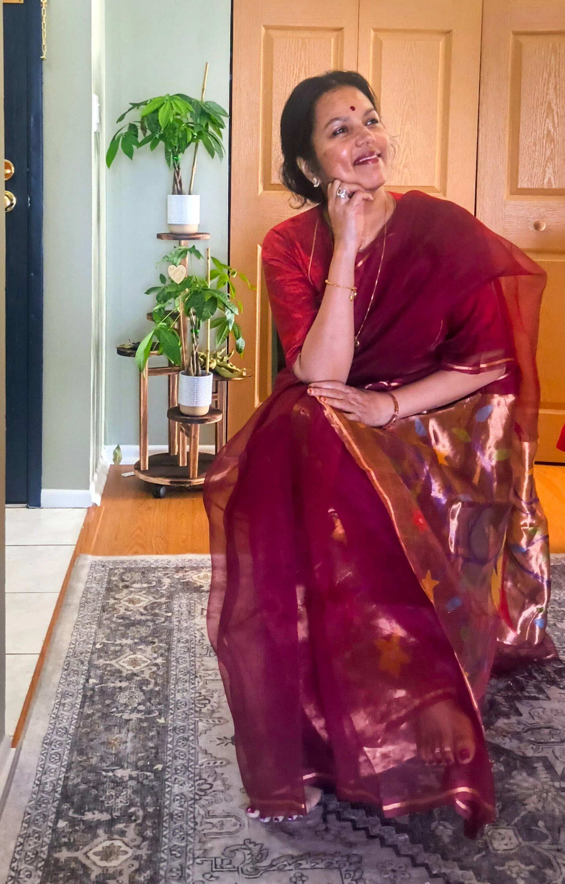 Maroon with golden Zari pathani handwoven jamdani saree