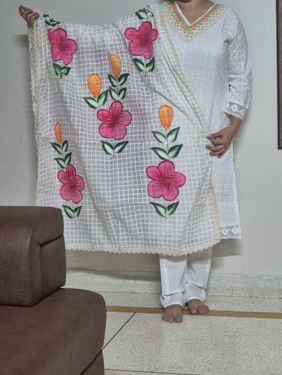 White Chikankari Schiffli Banarasi Cotton Suit Set With Blue Dupatta