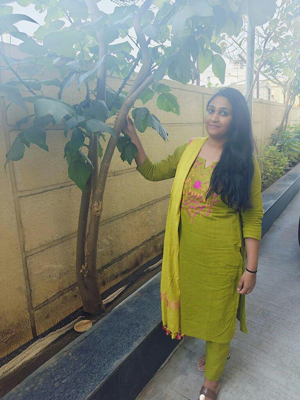 Green Floral Embroidered Slub Cotton Suit Set.