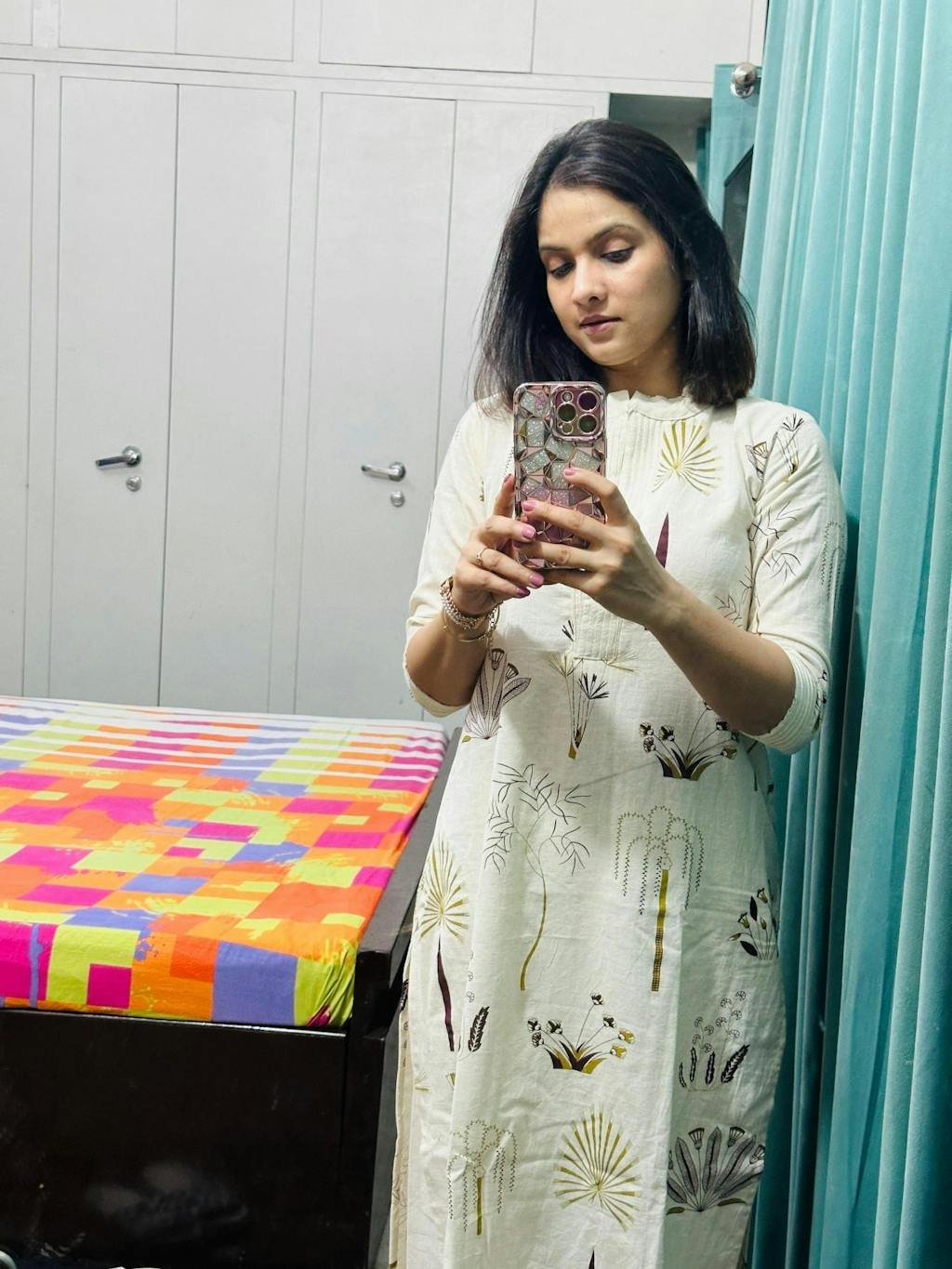 White Floral Printed Cotton Kurta Set