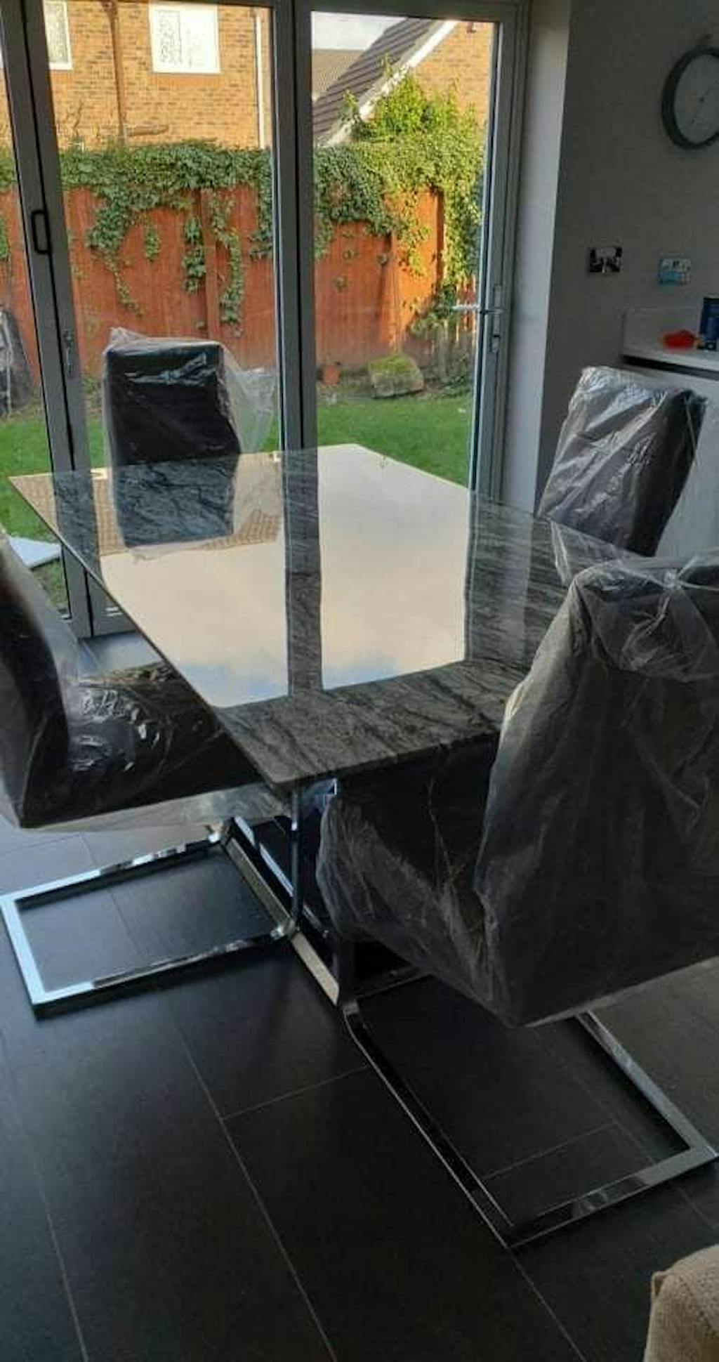 Helena Grey Marble Dining Table Set with 6 Volcara Dining Chairs