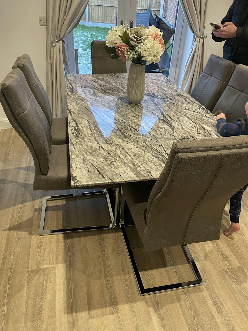 Helena Grey Marble Dining Table Set with 6 Volcara Dining Chairs