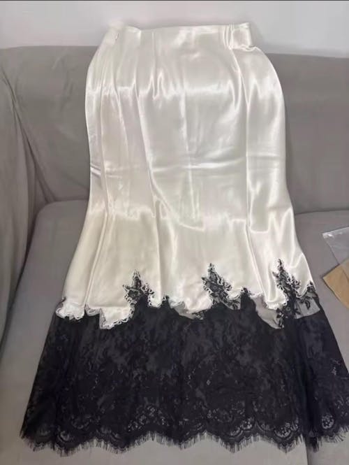 Lace Trim Satin Skirt High Waist Elegant Wrapped Hip Long Midi Skirts