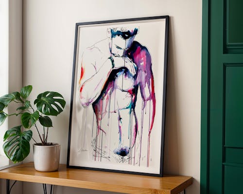 Head Bowed Over Chiseled Abs in a Quiet, Vulnerable Moment - Art Print