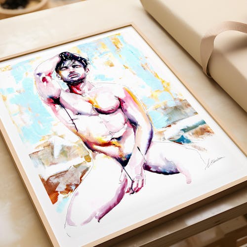 Seated Nude Male with Tousled Hair and Pensive Gaze - Art Print