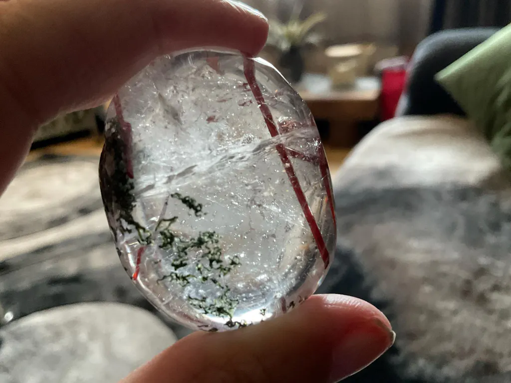 Clear Quartz Palm Stone with Rutile & Green Garden Inclusions