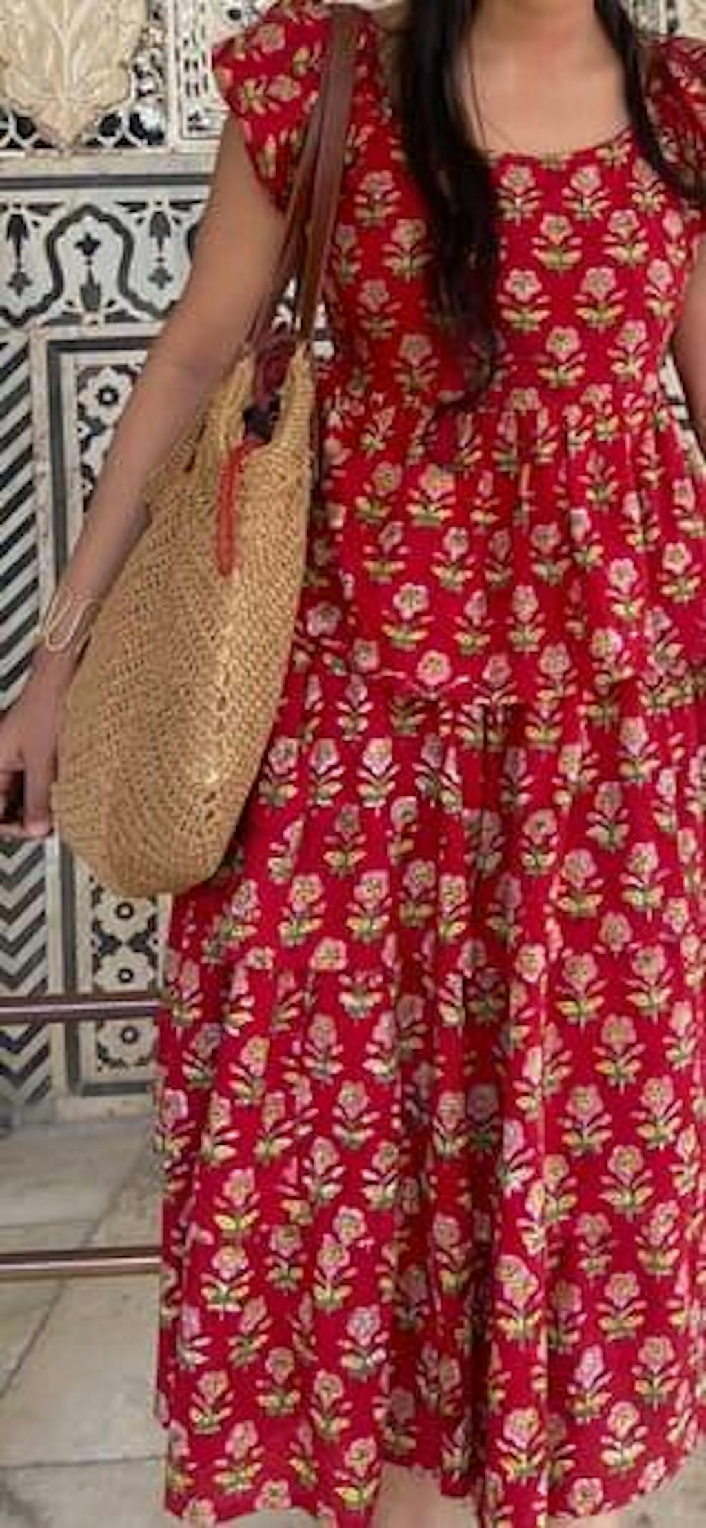 "Penang" Frilled Hand Block Printed Red Cotton Dress