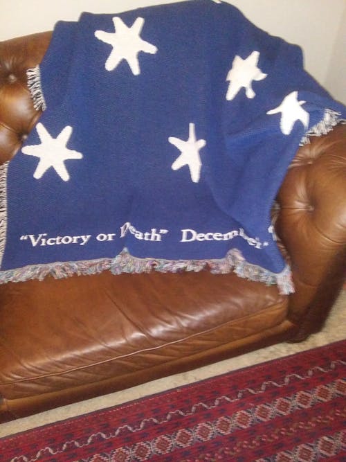 "Victory" blanket showing the stars from Washington's HQs flag — Made in America