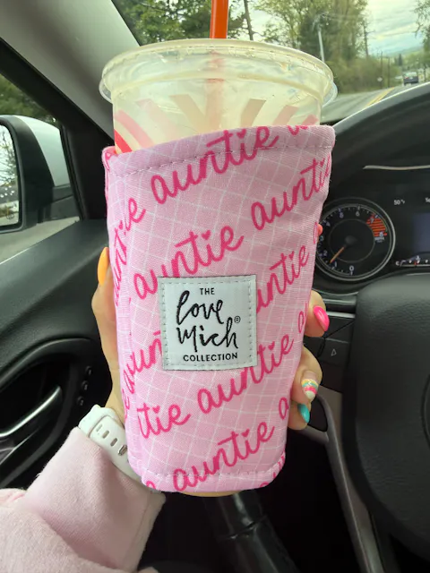 Auntie - Pink Grid - Coffee Cozy - Love Mich Exclusive