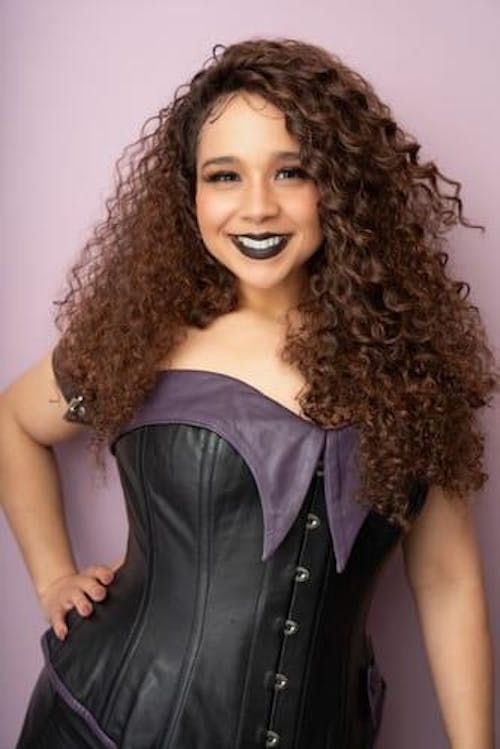 Leather Overbust Corset; Pin-Up Girl in Black with Purple