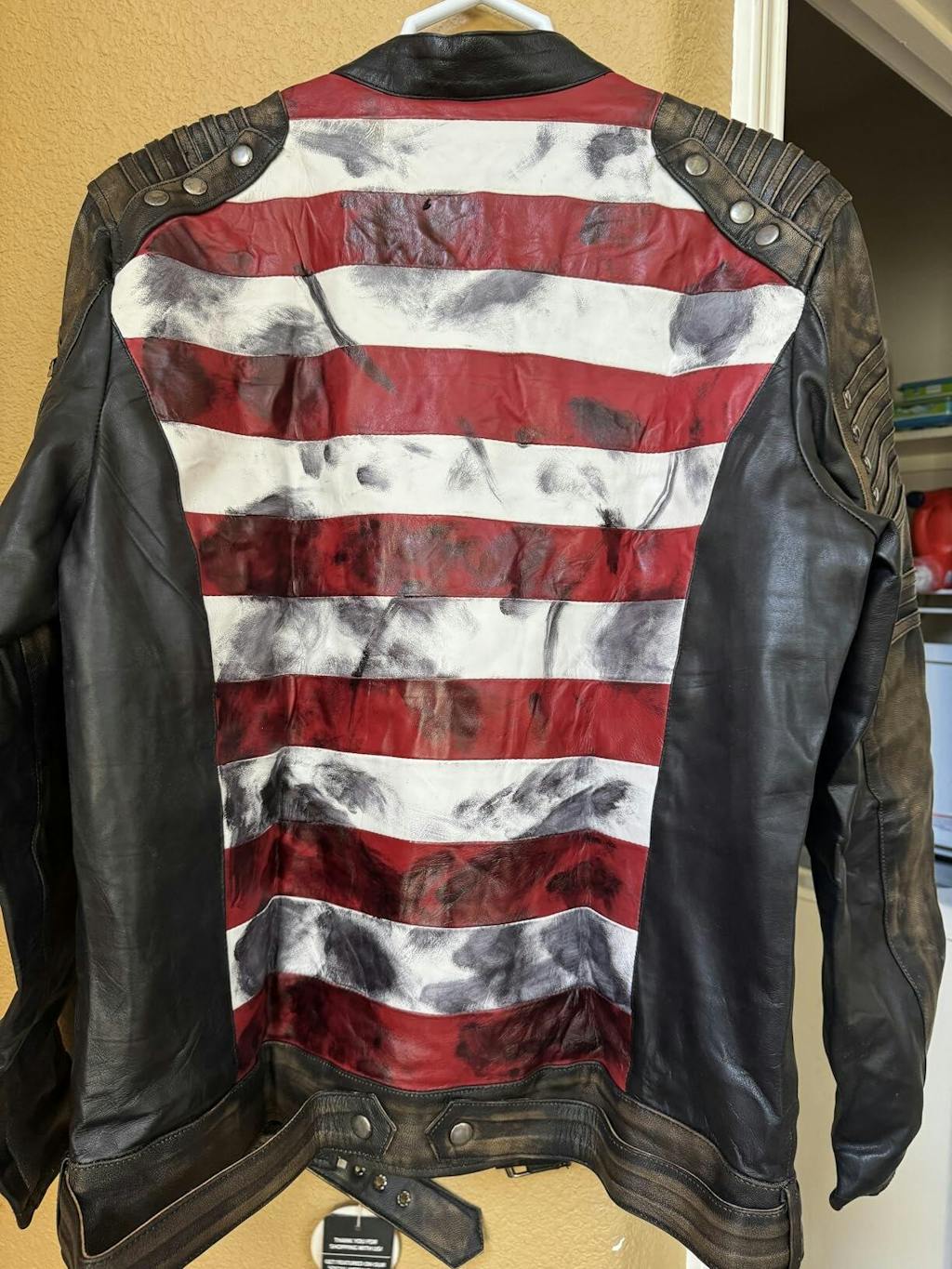 Mens Distressed Inspired by American Flag USA Casual Motorcycle Zipper Coat With USA Flag Genuine Leather Jackets