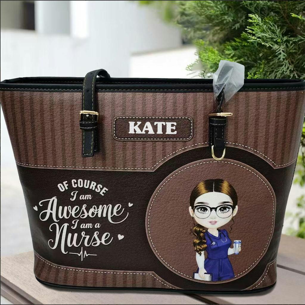 Awesome Nurse - Personalized Custom Nurse Leather Tote Bag