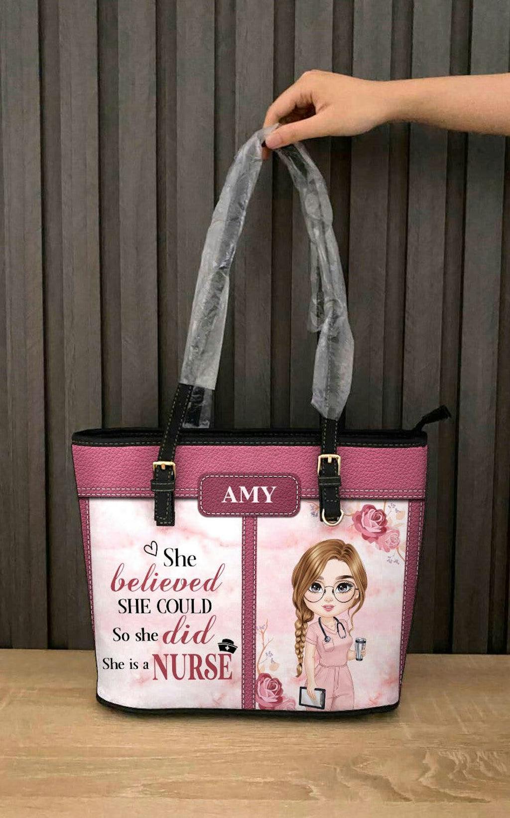 She Believed She Could - Personalized Custom Nurse Leather Tote Bag