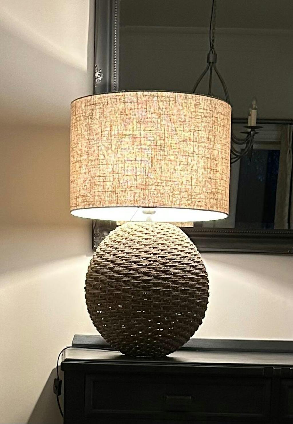 Woven Rattan Orb Table Lamp with Linen Lampshade