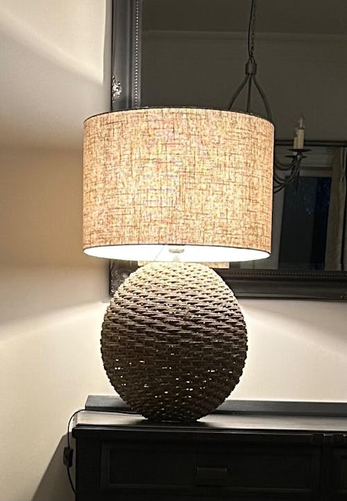 Woven Rattan Orb Table Lamp with Linen Lampshade