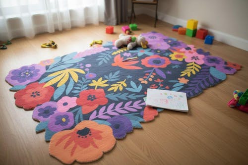 Cassia Navy Blue & Multicolor Scalloped Floral Area Kids Playroom Rug