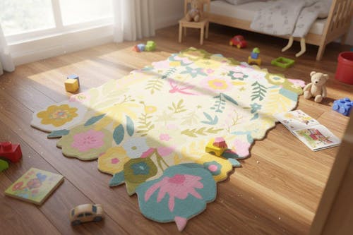 Cassia Sage Green & Multicolor Scalloped Floral Area Kids Playroom Rug