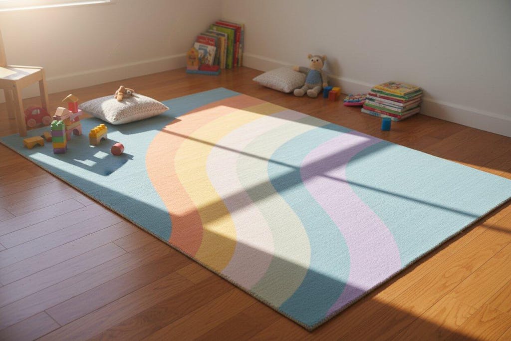 Retro Blue Pastel Rainbow Wave Area Rug – Handmade Kids Nursery Soft Rug