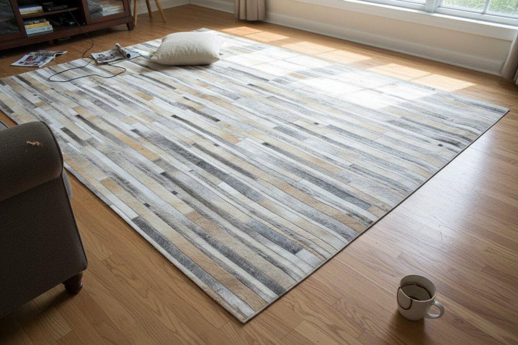 Sallie Leather Handmade Grey Rug Modern Hand Woven Scandinavian Abstract