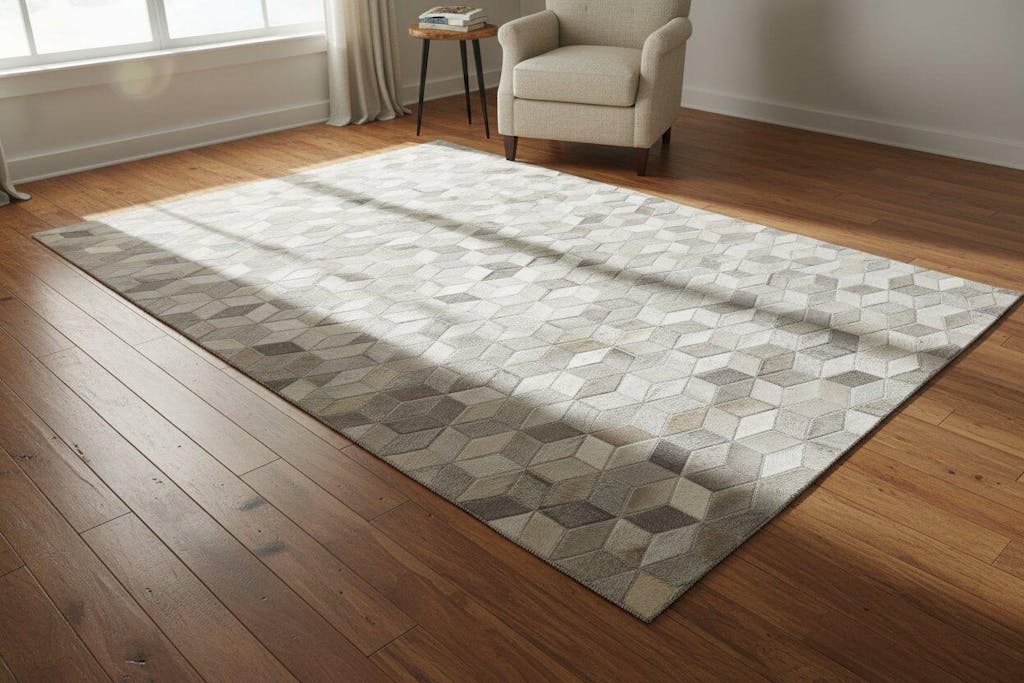 Joni Leather Handmade Grey Rug Modern Hand Woven Scandinavian Geometric