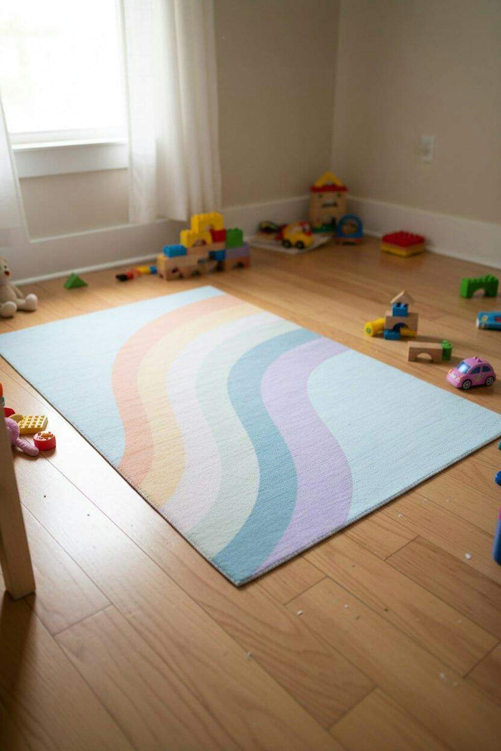 Retro Sky Blue Pastel Rainbow Wave Area Rug – Handmade Kids Nursery Soft Rug