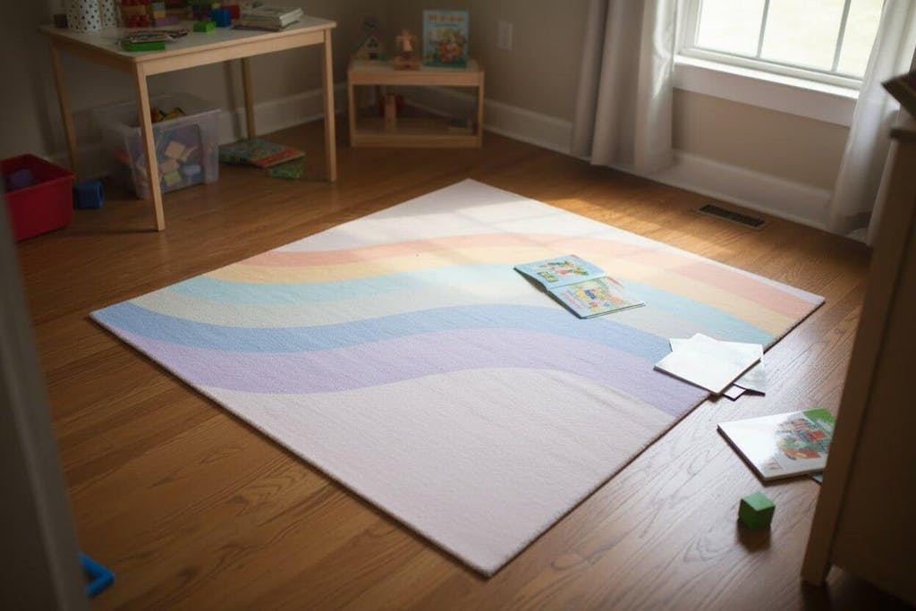 Retro Pink Pastel Rainbow Wave Area Rug – Handmade Kids Nursery Rug