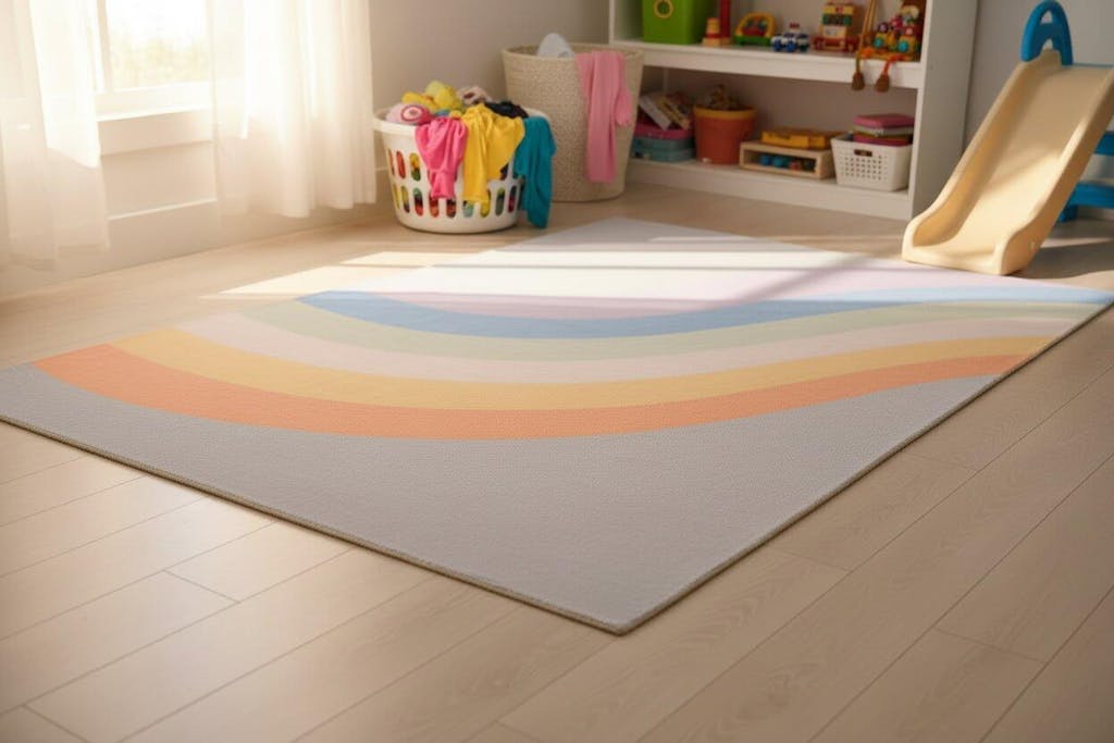 Retro Soft Gray Rainbow Wave Area Rug – Handmade Kids Nursery Rug
