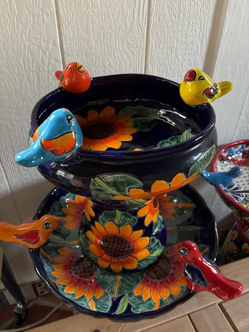 Colorful Handmade Talavera Bird Bath | Charming Small Bird Bath (18" Tall)