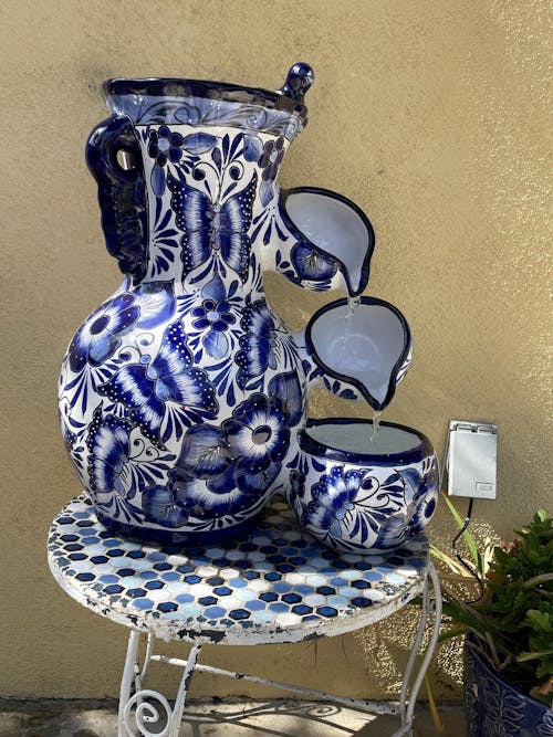 Handmade Talavera Fountain | Blue and White Mexican Ceramic Decor