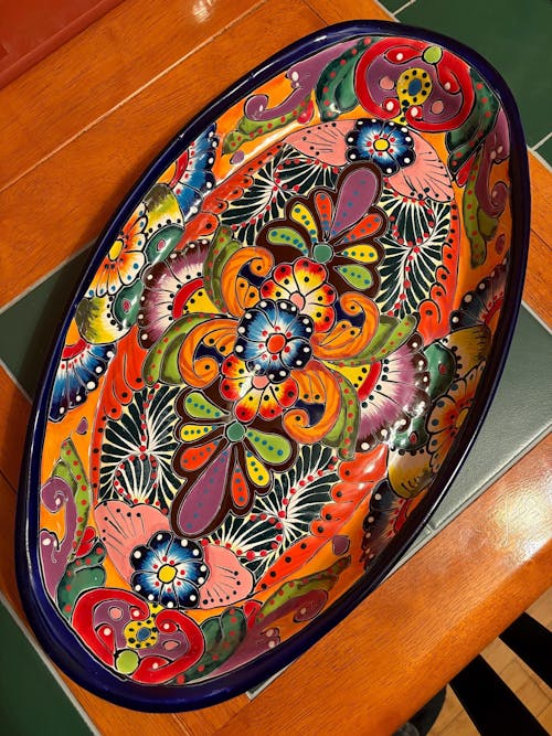 Talavera Oval Serving Platter | Cobalt-Blue Rim Kitchenware