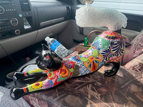Talavera Stretching Cat Figurine | Multicolor Mexican Art